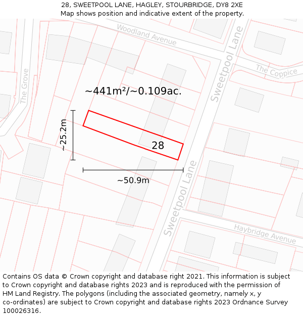28, SWEETPOOL LANE, HAGLEY, STOURBRIDGE, DY8 2XE: Plot and title map