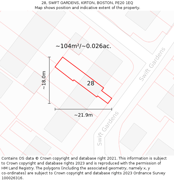 28, SWIFT GARDENS, KIRTON, BOSTON, PE20 1EQ: Plot and title map