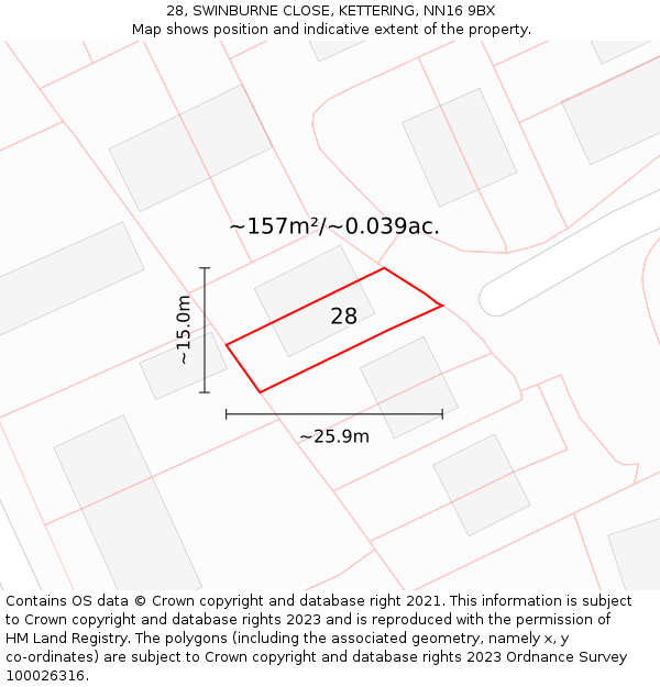 28, SWINBURNE CLOSE, KETTERING, NN16 9BX: Plot and title map