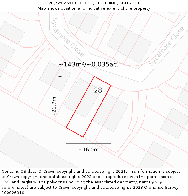 28, SYCAMORE CLOSE, KETTERING, NN16 9ST: Plot and title map
