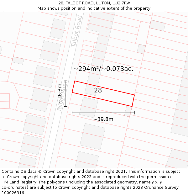 28, TALBOT ROAD, LUTON, LU2 7RW: Plot and title map