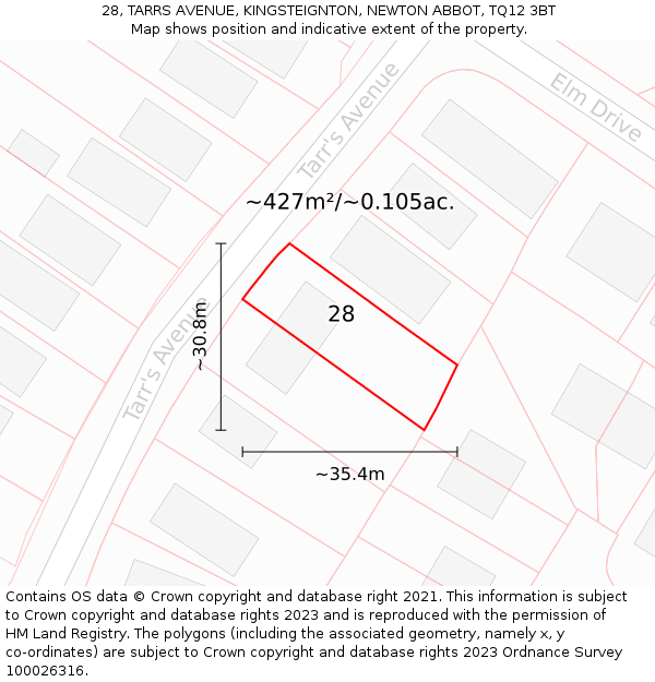 28, TARRS AVENUE, KINGSTEIGNTON, NEWTON ABBOT, TQ12 3BT: Plot and title map