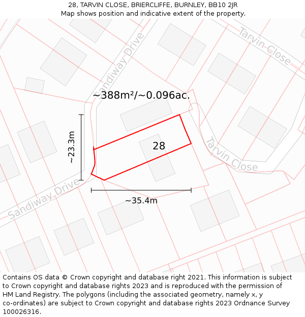 28, TARVIN CLOSE, BRIERCLIFFE, BURNLEY, BB10 2JR: Plot and title map