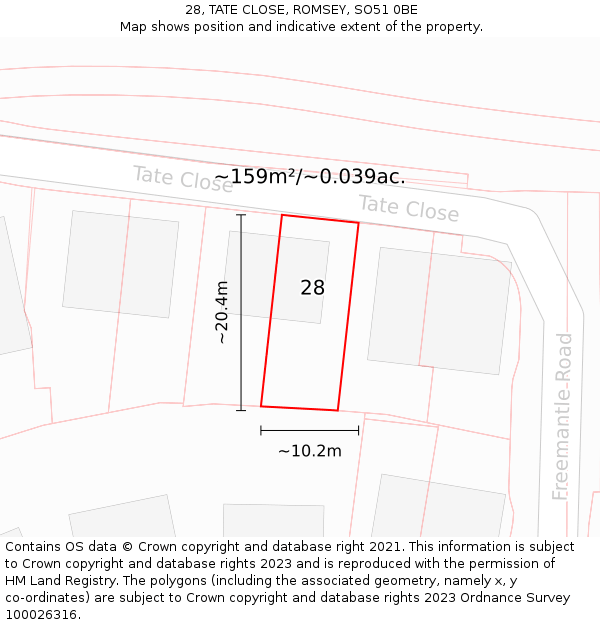 28, TATE CLOSE, ROMSEY, SO51 0BE: Plot and title map