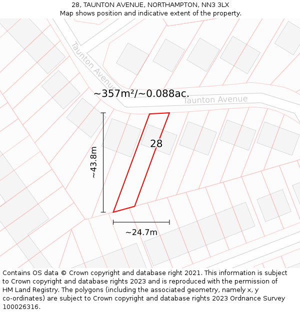 28, TAUNTON AVENUE, NORTHAMPTON, NN3 3LX: Plot and title map