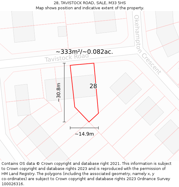 28, TAVISTOCK ROAD, SALE, M33 5HS: Plot and title map