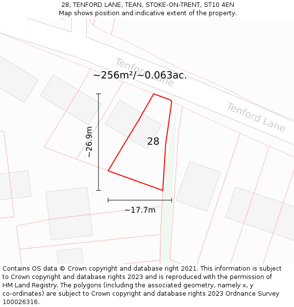28, TENFORD LANE, TEAN, STOKE-ON-TRENT, ST10 4EN: Plot and title map