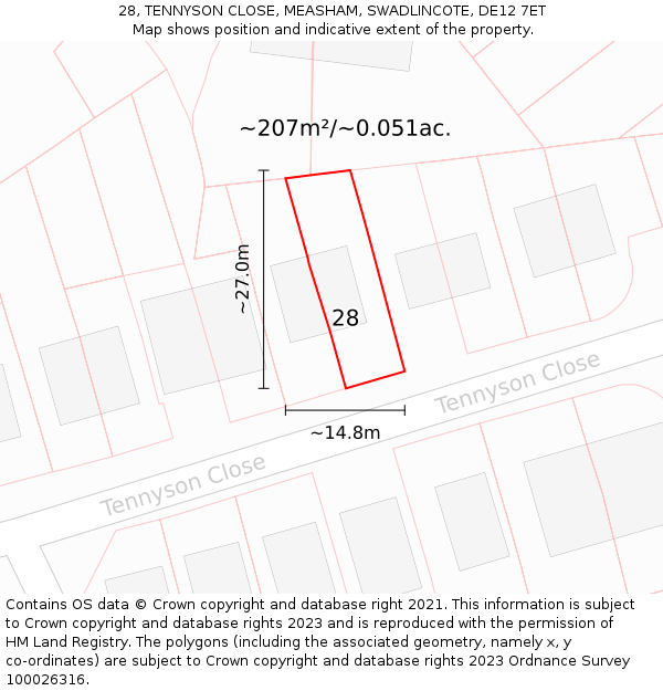28, TENNYSON CLOSE, MEASHAM, SWADLINCOTE, DE12 7ET: Plot and title map