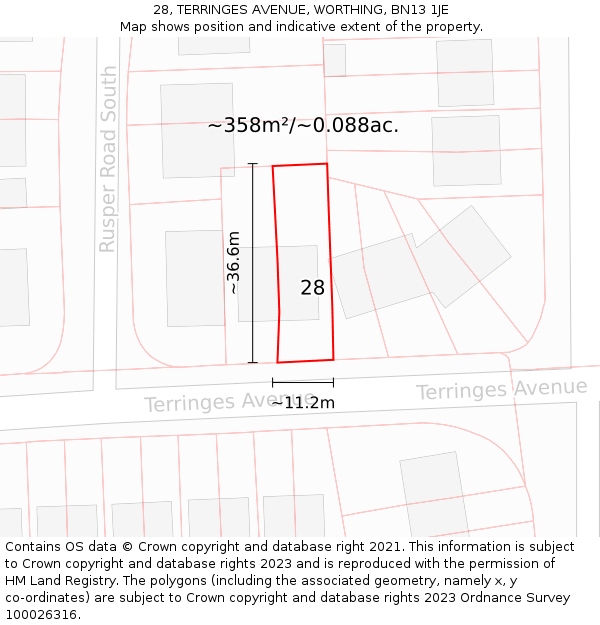 28, TERRINGES AVENUE, WORTHING, BN13 1JE: Plot and title map