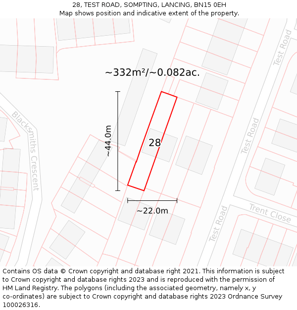 28, TEST ROAD, SOMPTING, LANCING, BN15 0EH: Plot and title map