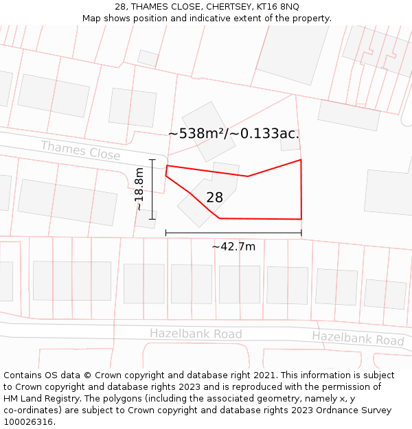 28, THAMES CLOSE, CHERTSEY, KT16 8NQ: Plot and title map