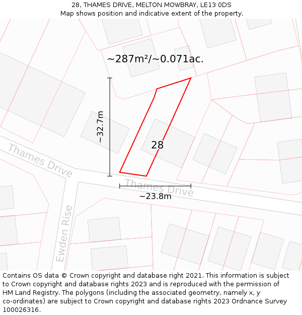 28, THAMES DRIVE, MELTON MOWBRAY, LE13 0DS: Plot and title map