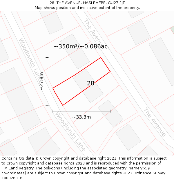 28, THE AVENUE, HASLEMERE, GU27 1JT: Plot and title map