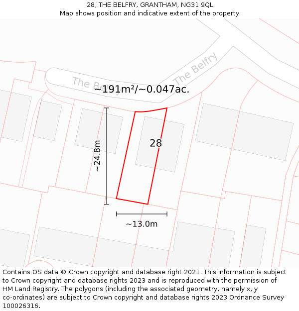 28, THE BELFRY, GRANTHAM, NG31 9QL: Plot and title map