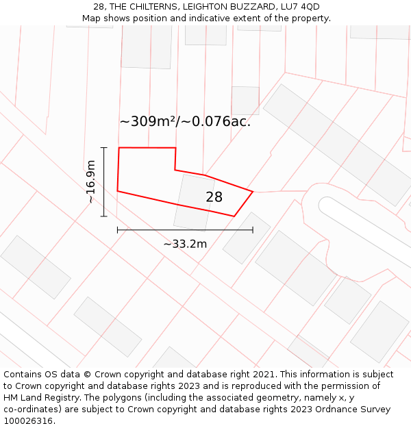 28, THE CHILTERNS, LEIGHTON BUZZARD, LU7 4QD: Plot and title map