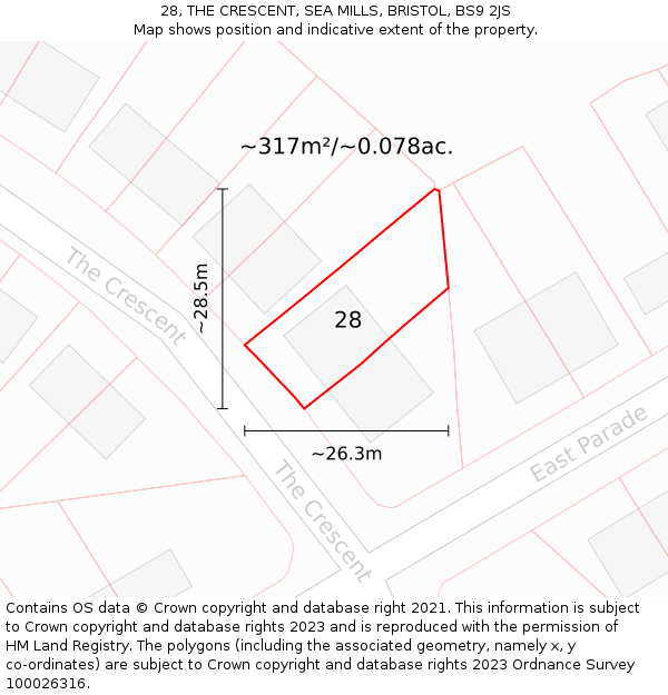 28, THE CRESCENT, SEA MILLS, BRISTOL, BS9 2JS: Plot and title map
