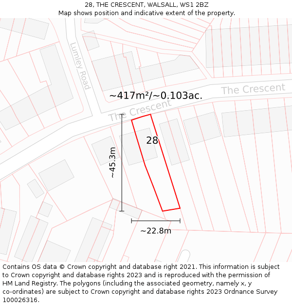 28, THE CRESCENT, WALSALL, WS1 2BZ: Plot and title map
