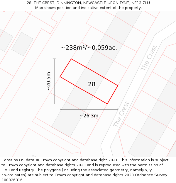 28, THE CREST, DINNINGTON, NEWCASTLE UPON TYNE, NE13 7LU: Plot and title map