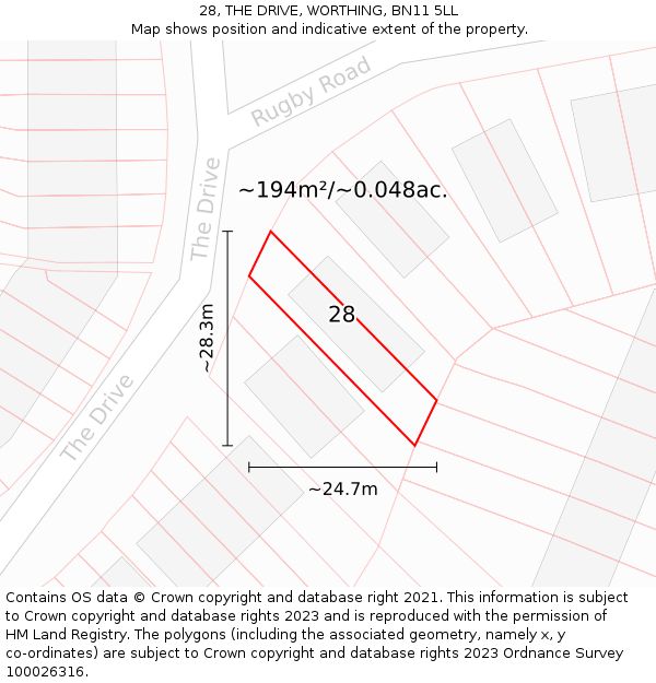 28, THE DRIVE, WORTHING, BN11 5LL: Plot and title map