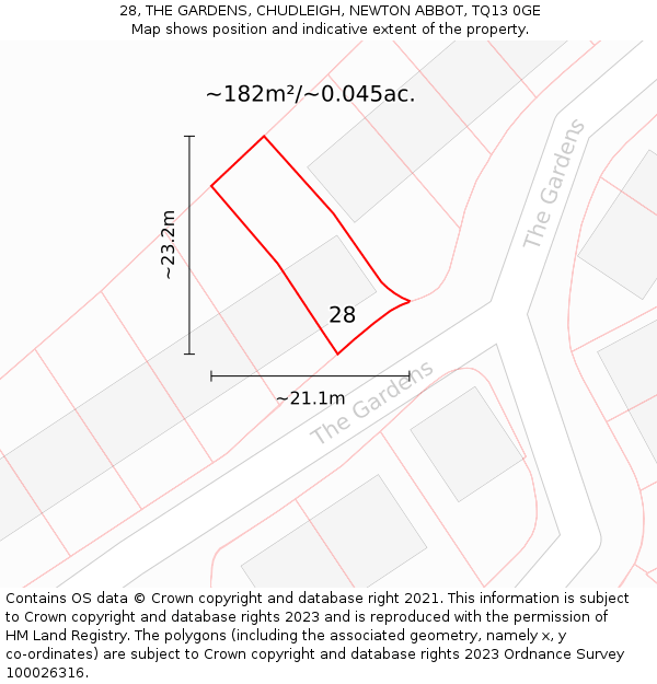 28, THE GARDENS, CHUDLEIGH, NEWTON ABBOT, TQ13 0GE: Plot and title map