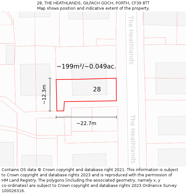 28, THE HEATHLANDS, GILFACH GOCH, PORTH, CF39 8TT: Plot and title map