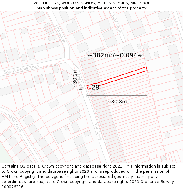 28, THE LEYS, WOBURN SANDS, MILTON KEYNES, MK17 8QF: Plot and title map