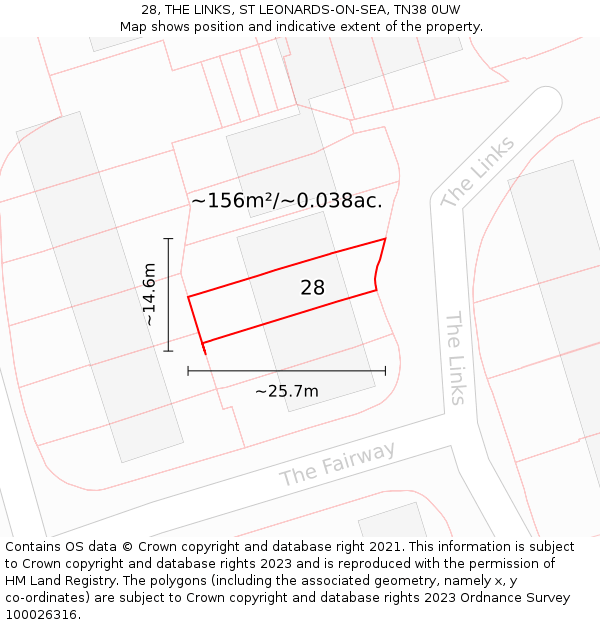 28, THE LINKS, ST LEONARDS-ON-SEA, TN38 0UW: Plot and title map