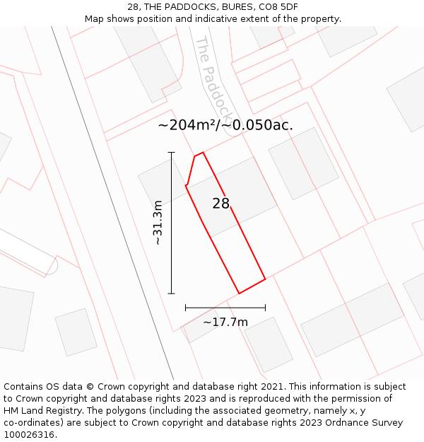 28, THE PADDOCKS, BURES, CO8 5DF: Plot and title map