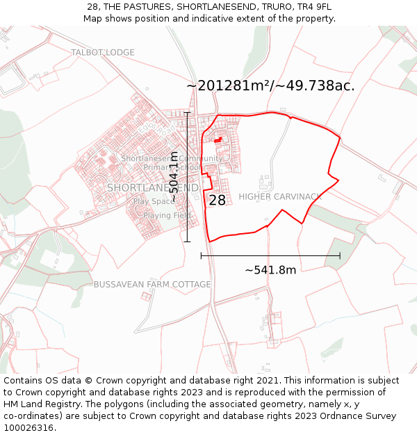 28, THE PASTURES, SHORTLANESEND, TRURO, TR4 9FL: Plot and title map