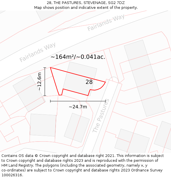 28, THE PASTURES, STEVENAGE, SG2 7DZ: Plot and title map
