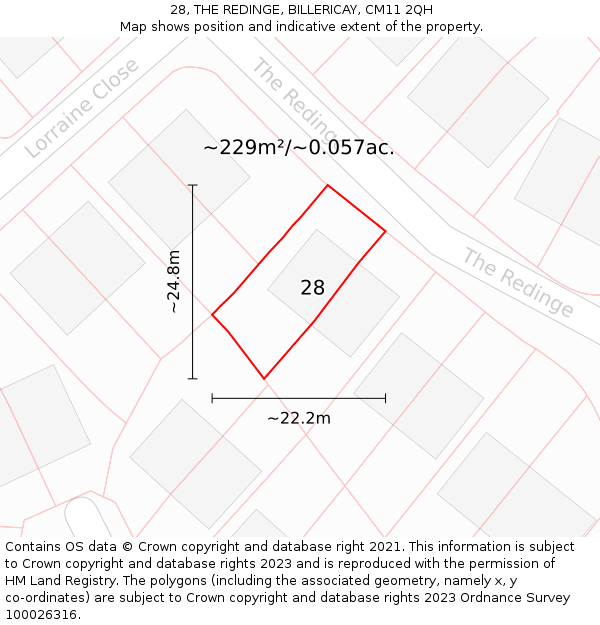 28, THE REDINGE, BILLERICAY, CM11 2QH: Plot and title map