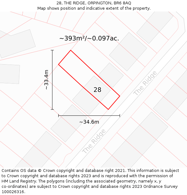 28, THE RIDGE, ORPINGTON, BR6 8AQ: Plot and title map