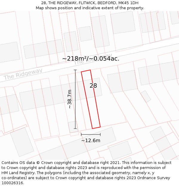 28, THE RIDGEWAY, FLITWICK, BEDFORD, MK45 1DH: Plot and title map