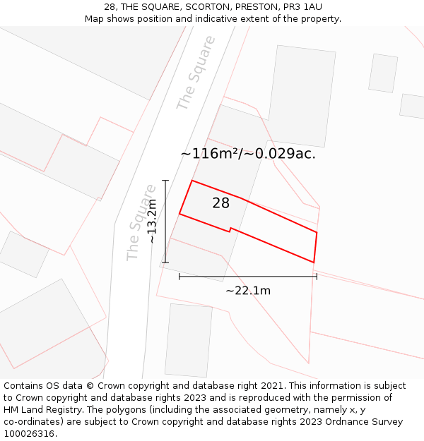 28, THE SQUARE, SCORTON, PRESTON, PR3 1AU: Plot and title map