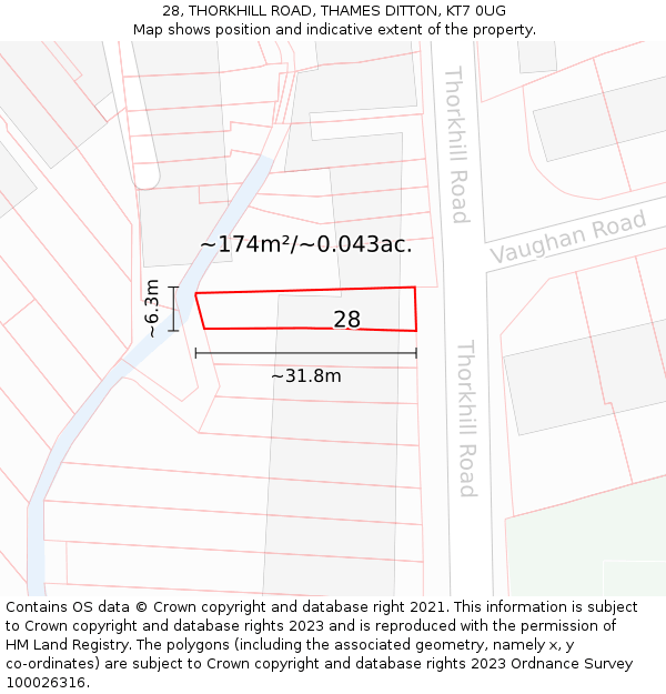 28, THORKHILL ROAD, THAMES DITTON, KT7 0UG: Plot and title map