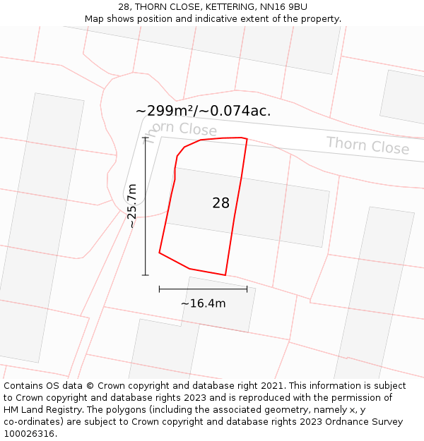 28, THORN CLOSE, KETTERING, NN16 9BU: Plot and title map
