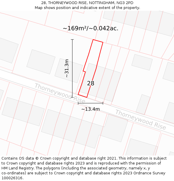28, THORNEYWOOD RISE, NOTTINGHAM, NG3 2PD: Plot and title map