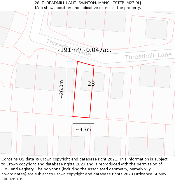 28, THREADMILL LANE, SWINTON, MANCHESTER, M27 9LJ: Plot and title map