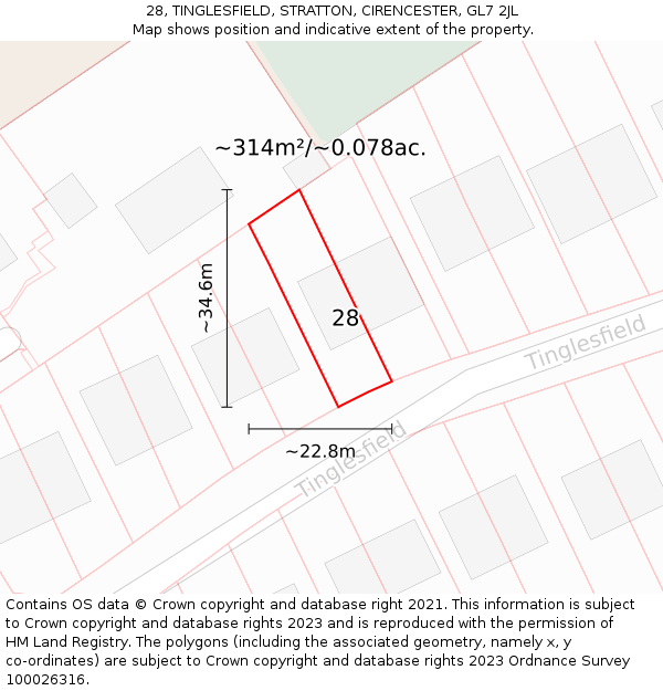 28, TINGLESFIELD, STRATTON, CIRENCESTER, GL7 2JL: Plot and title map
