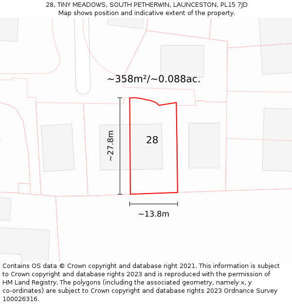28, TINY MEADOWS, SOUTH PETHERWIN, LAUNCESTON, PL15 7JD: Plot and title map