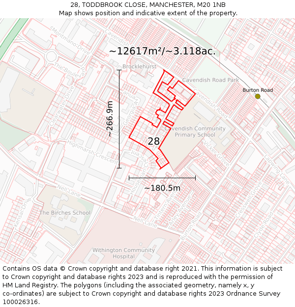 28, TODDBROOK CLOSE, MANCHESTER, M20 1NB: Plot and title map
