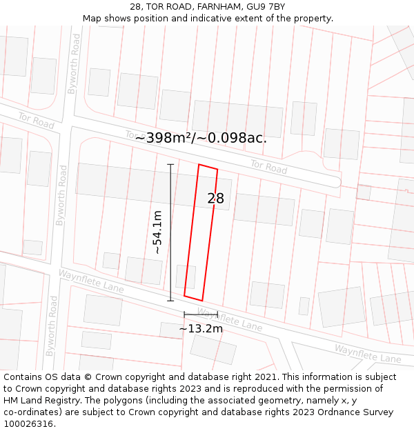 28, TOR ROAD, FARNHAM, GU9 7BY: Plot and title map