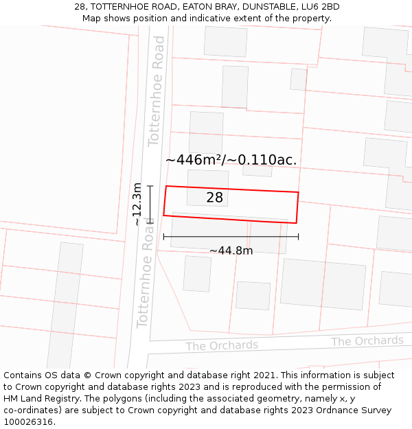 28, TOTTERNHOE ROAD, EATON BRAY, DUNSTABLE, LU6 2BD: Plot and title map