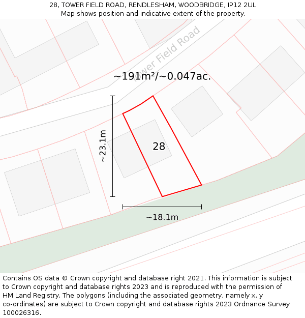 28, TOWER FIELD ROAD, RENDLESHAM, WOODBRIDGE, IP12 2UL: Plot and title map