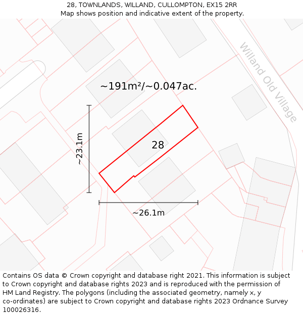 28, TOWNLANDS, WILLAND, CULLOMPTON, EX15 2RR: Plot and title map