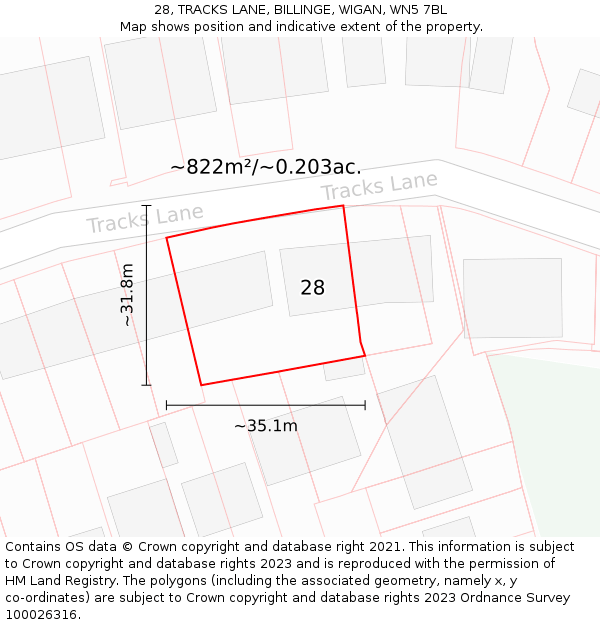 28, TRACKS LANE, BILLINGE, WIGAN, WN5 7BL: Plot and title map