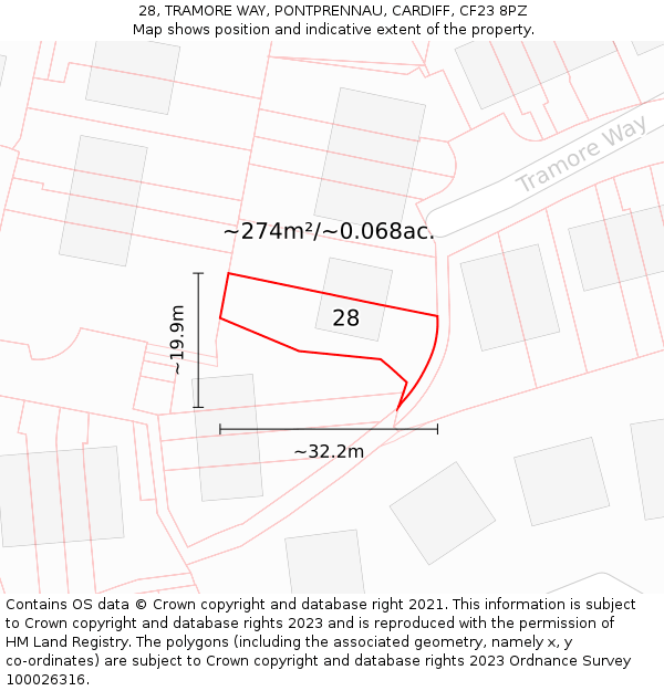 28, TRAMORE WAY, PONTPRENNAU, CARDIFF, CF23 8PZ: Plot and title map