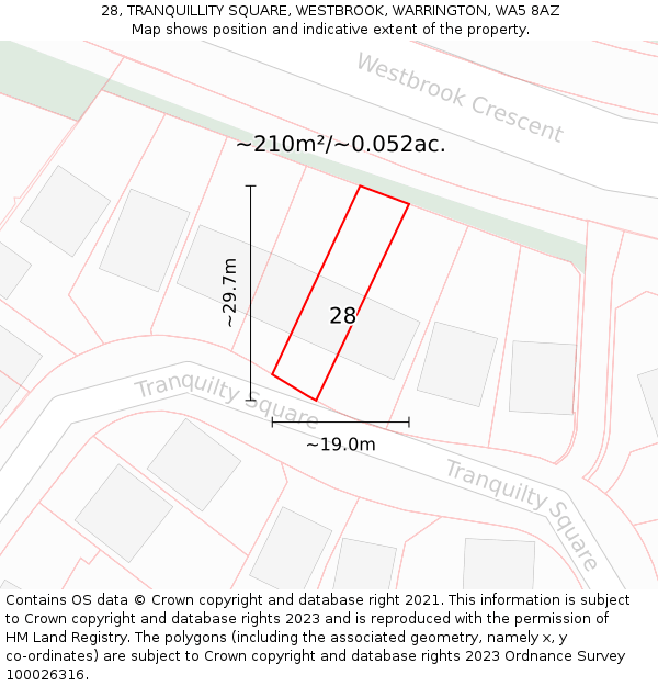28, TRANQUILLITY SQUARE, WESTBROOK, WARRINGTON, WA5 8AZ: Plot and title map
