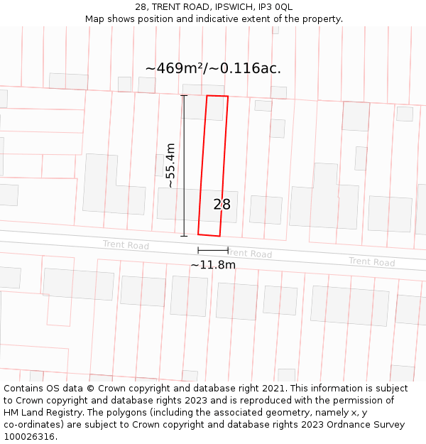 28, TRENT ROAD, IPSWICH, IP3 0QL: Plot and title map