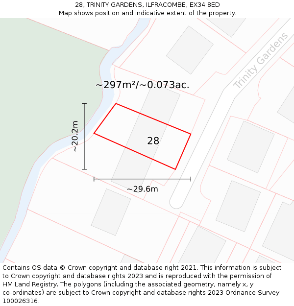 28, TRINITY GARDENS, ILFRACOMBE, EX34 8ED: Plot and title map